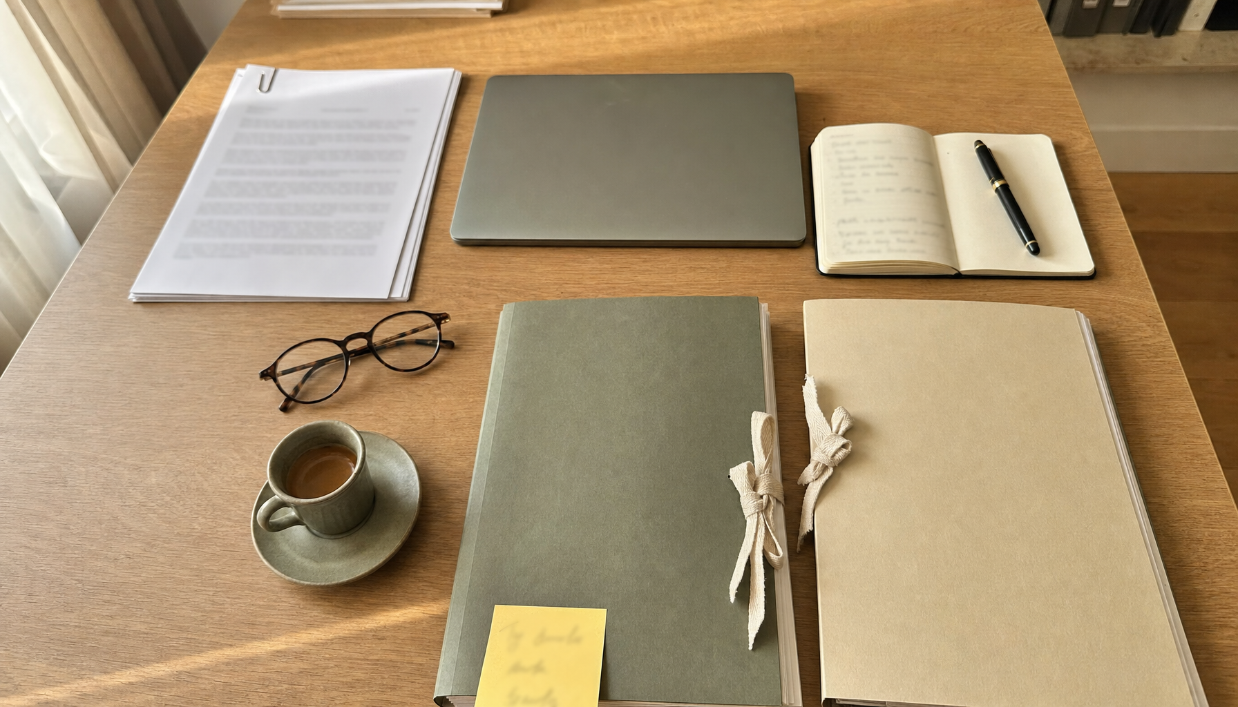 Vue plongeante d'un bureau d'avocat : dossiers sanglés, ordinateur portable fermé, stylo plume et carnet de notes