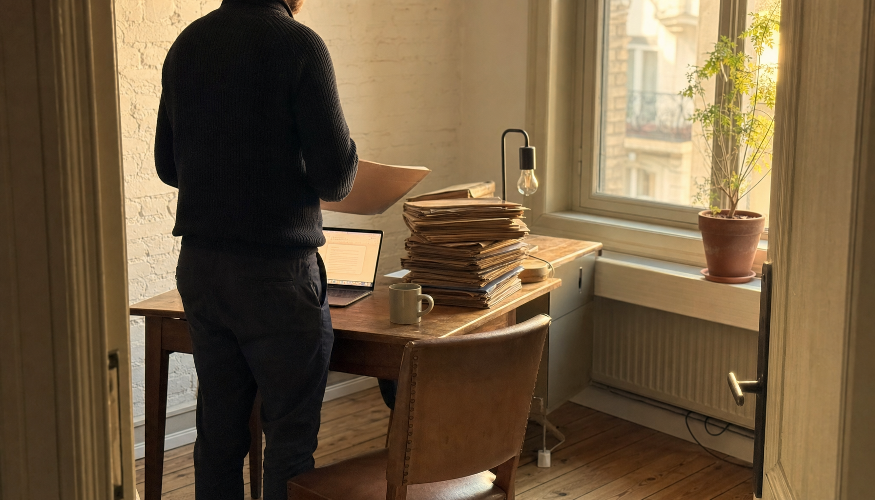 Avocat de dos triant une pile de dossiers cartonnés dans un petit cabinet, ordinateur portable ouvert sur le bureau