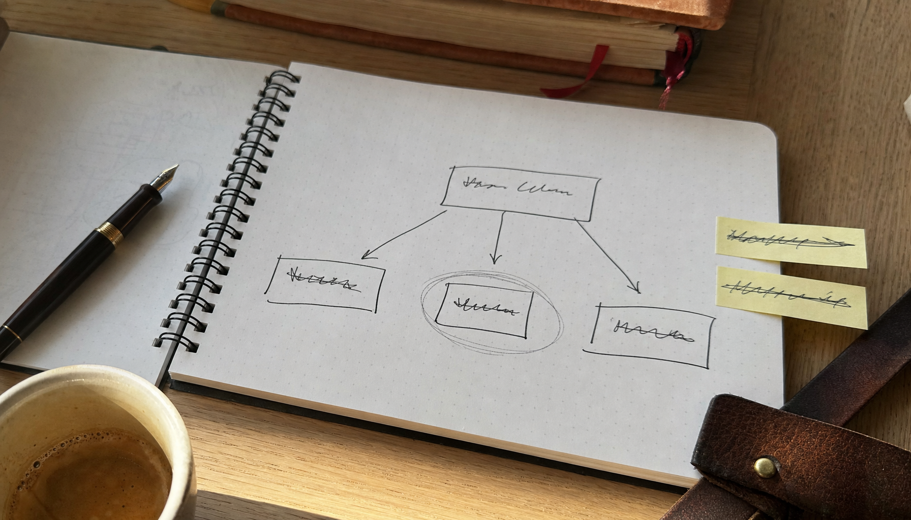 Carnet ouvert avec un diagramme manuscrit à trois branches, stylo plume et post-its, lumière de matin
