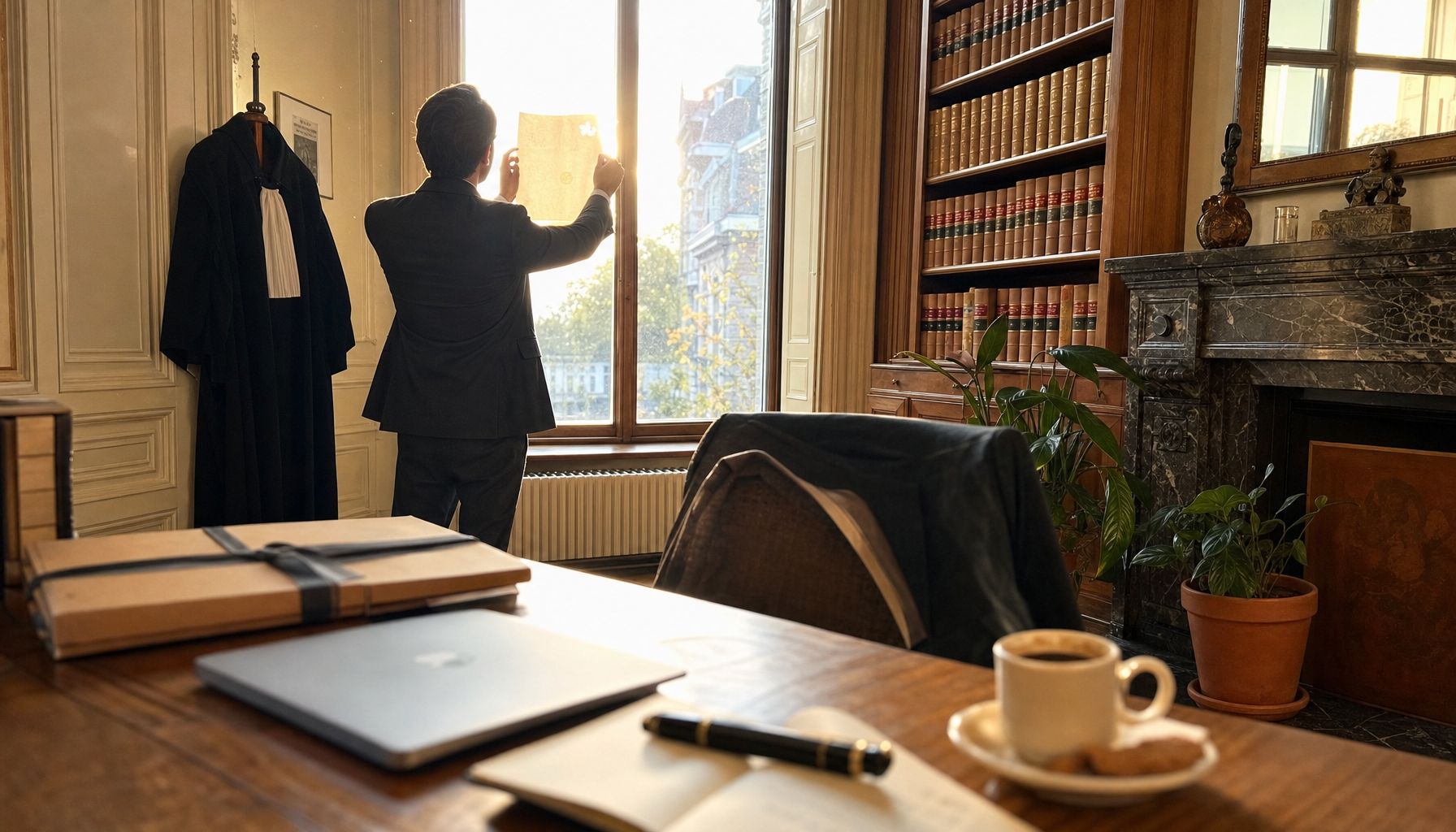 Silhouette de dos dans un bureau de maison de maître, examinant une feuille de papier en transparence devant une haute fenêtre