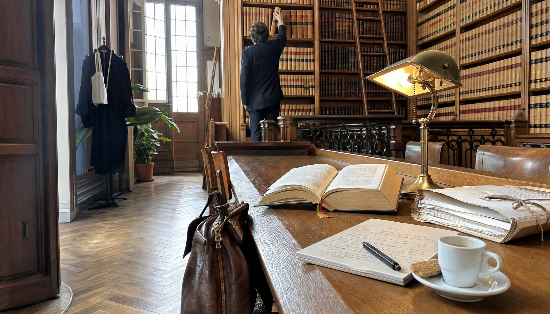 Salle de lecture d une bibliothèque de droit bruxelloise, rayonnages de recueils de jurisprudence reliés et table de chêne éclairée par une lampe banker
