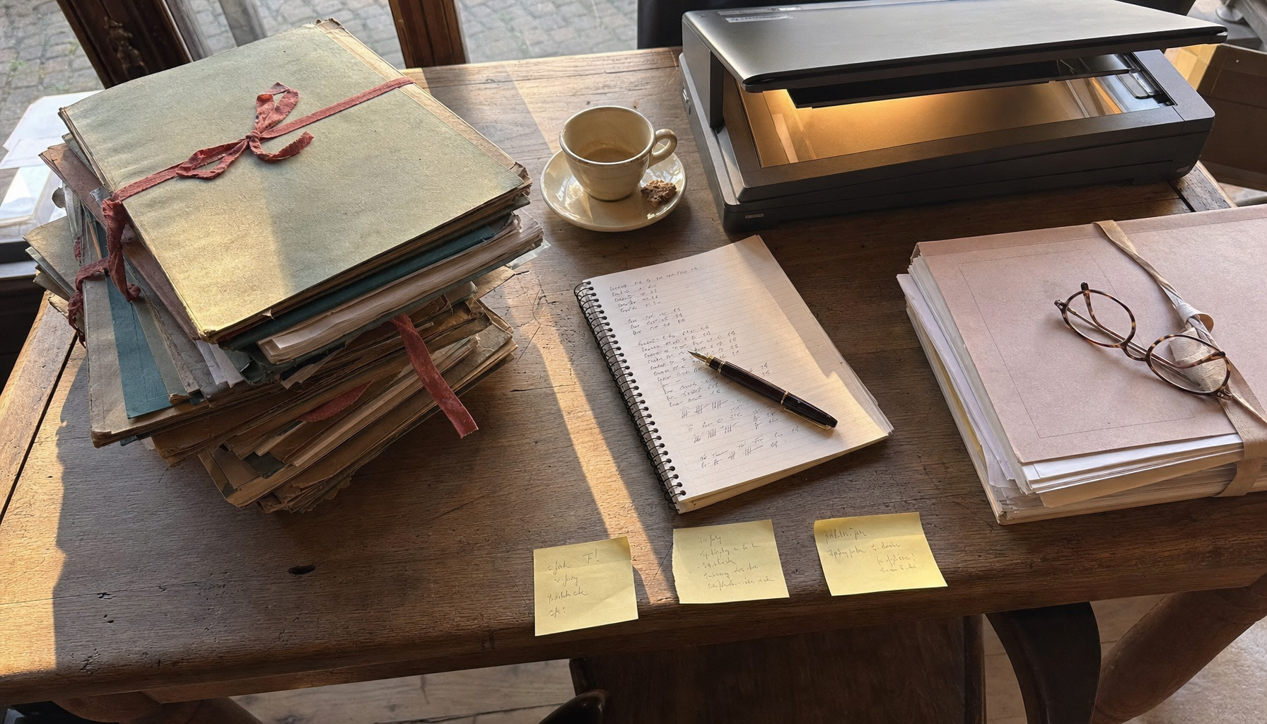 Vue plongeante d'une table de chêne : à gauche une pile de dossiers anciens sanglés de ruban rouge, à droite une pile de documents remise en ordre près d'un scanner à plat ouvert