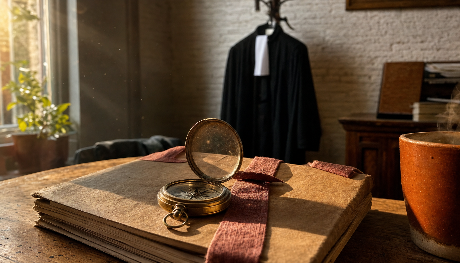 Boussole en laiton posée sur un dossier sanglé, bureau en chêne d une bibliothèque d avocat, lumière dorée